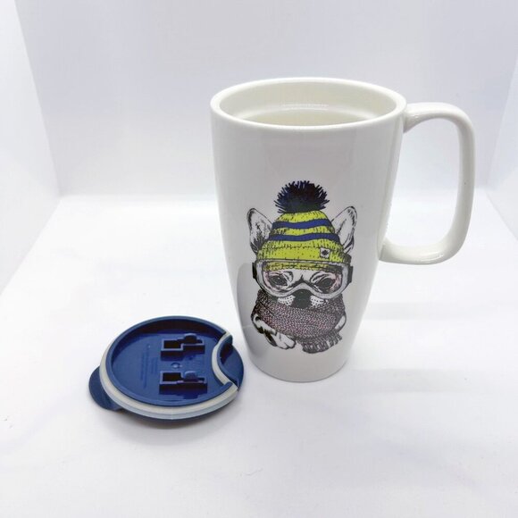 Coco & Lola French bulldog mug w/lid, winter scarf and hat ski goggles - Picture 5 of 6
